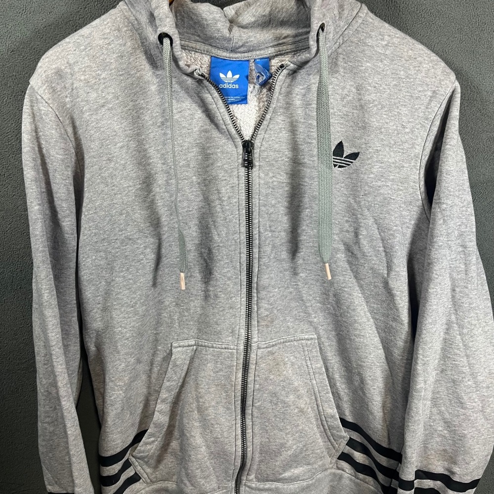 Adidas Originals Mens Grey Full Zip Hoodie Trefoil Logo Graphic Sweatshirt Small